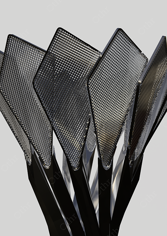 Detailed View of Shuttlecock Mesh Panels With Angular Metallic Supports