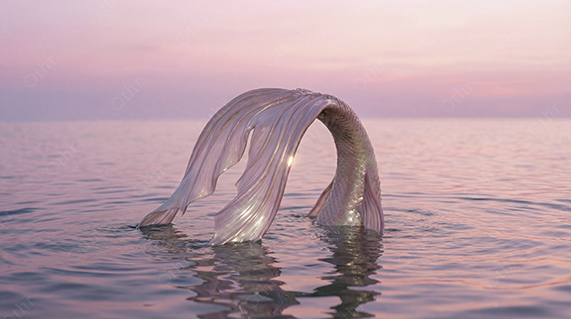 Iridescent Fabric Arching From Ocean Surface at Pink Sunset