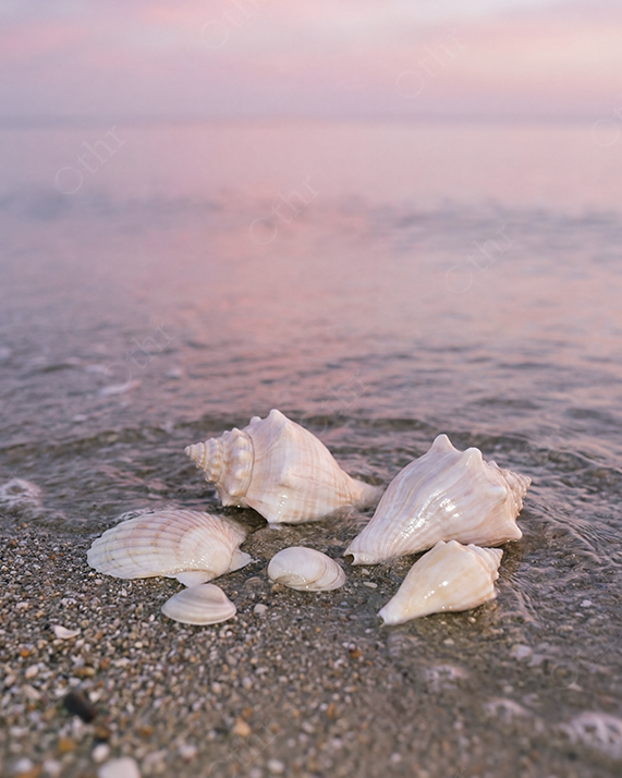 Collection of Seashells on Shoreline With Calm Ocean at Sunset