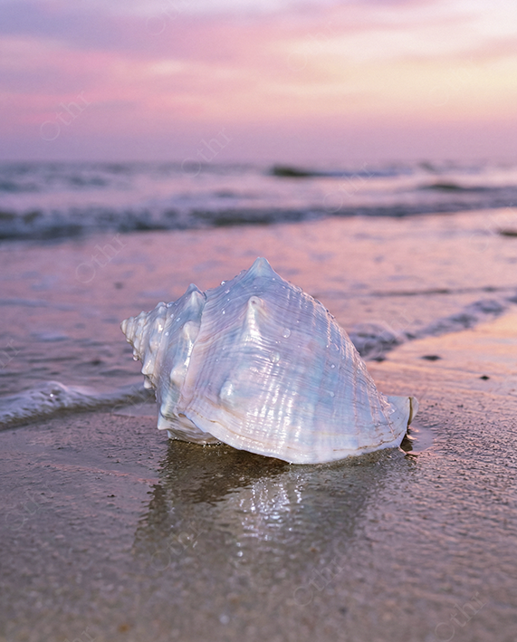 Iridescent Seashell on Wet Sand With Ocean Waves at Sunset