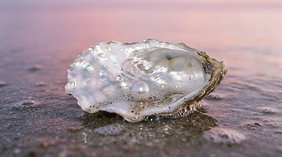 Open Oyster Shell With Pearl on Wet Sand at Pink Sunset