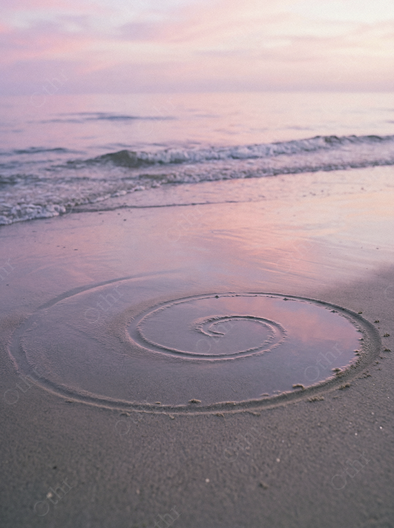 Spiral Drawn in Wet Sand With Gentle Waves at Sunset