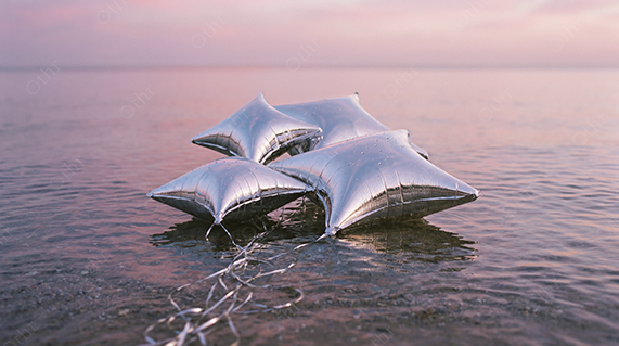 Silver Star Balloons Floating on Calm Ocean Water at Sunset
