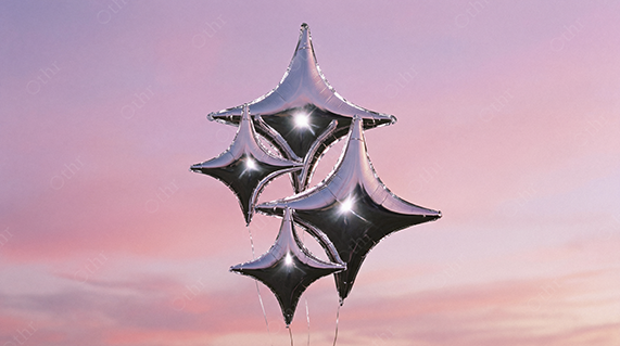 Cluster of Silver Star Balloons Against Pink Sunset Sky