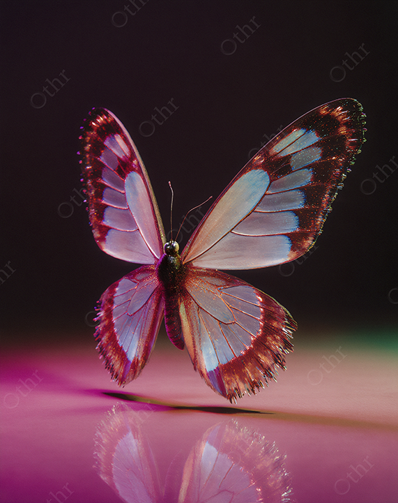 Butterfly With Blue and Red Wings on Reflective Surface Under Dramatic Lighting
