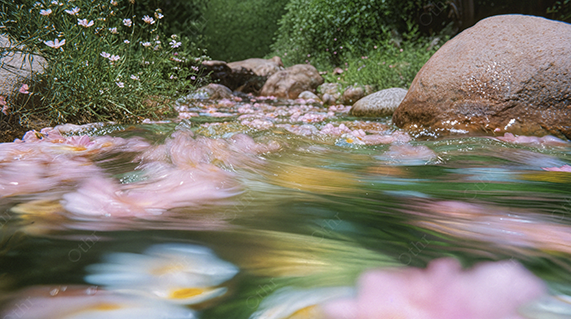Flowers Floating in Shallow Stream Between Rocks With Motion Blur