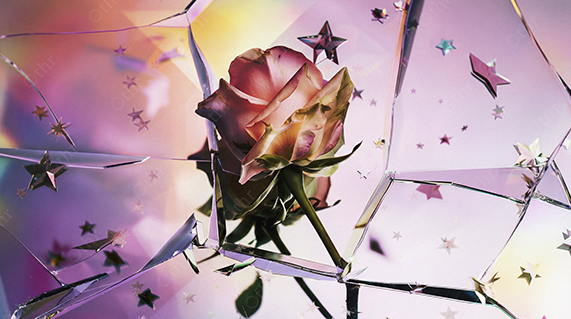 Pink Rose Seen Through Broken Glass With Star Confetti