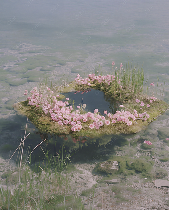 Heart-Shaped Island of Pink Flowers Floating in Clear Water