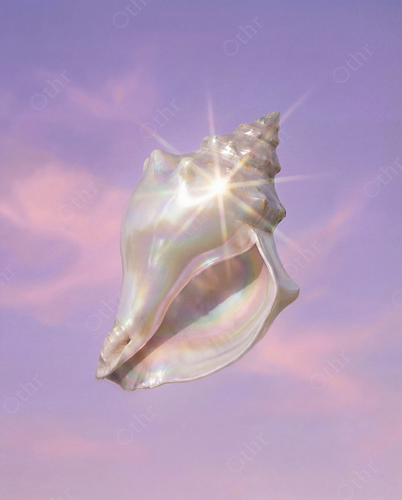 Iridescent Seashell With Starburst Reflection Against Pastel Sky