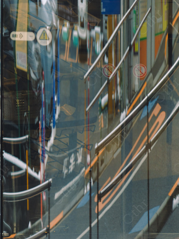Distorted Reflection of Urban Street Scene on Glass Surface with Layered Lines