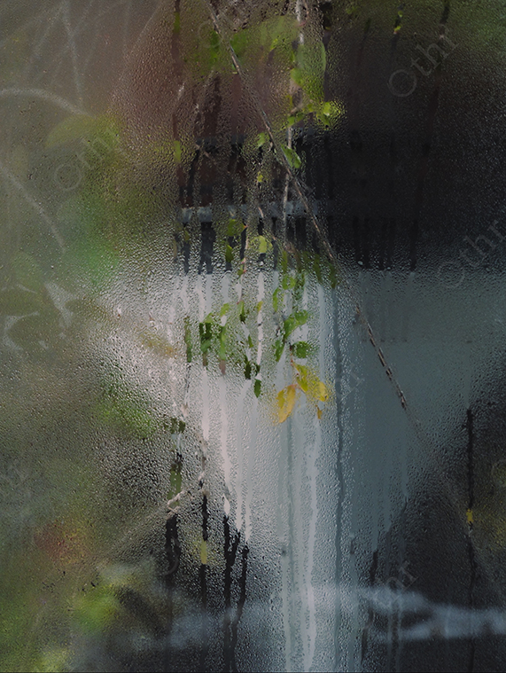 Condensation on Glass with Blurred Green Foliage and Vertical Water Streaks