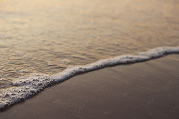 Close-Up of Gentle Sea Foam Reaching Wet Sand at Golden Hour